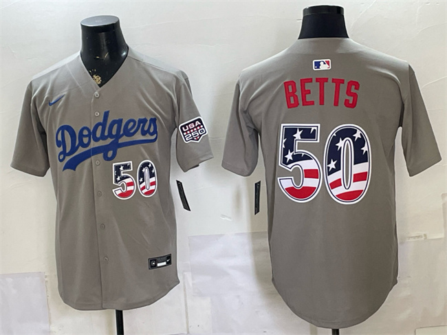 Men's Los Angeles Dodgers #50 Mookie Betts Grey 250 Fourth of July Road Stitched Baseball Jersey Men's Los Angeles Dodgers #50 Mookie Betts Grey 250 Fourth of July Road Stitched Baseball Jersey